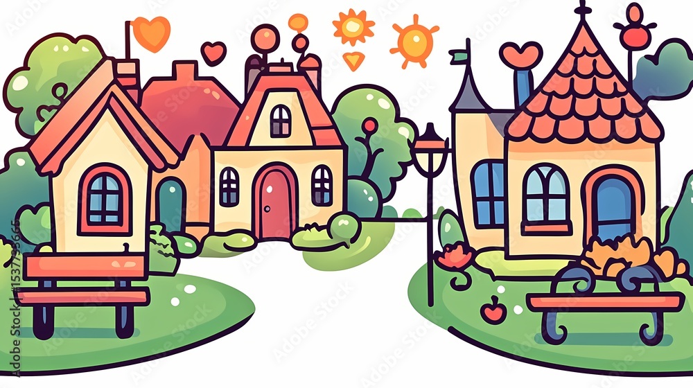 Naklejka premium Colorful cartoon houses in a quaint village setting.
