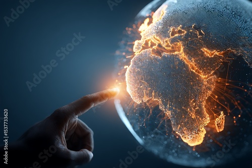 A Finger Touching a Digital Globe Highlighting Africa, Representing Global Technology, Connectivity, Innovation, and International Business Opportunities