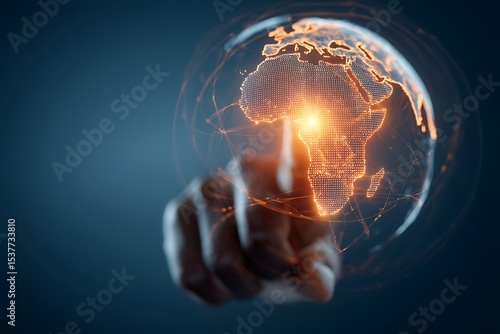 A Finger Touching a Digital Globe Highlighting Africa, Representing Global Technology, Connectivity, Innovation, and International Business Opportunities
