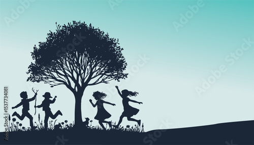 Children playing in a park. Vector illustration.kids playing and running with autumn trees vector in white background