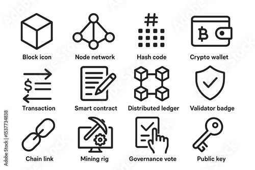Blockchain technology icons: wallet, smart contract, mining, ledger, security