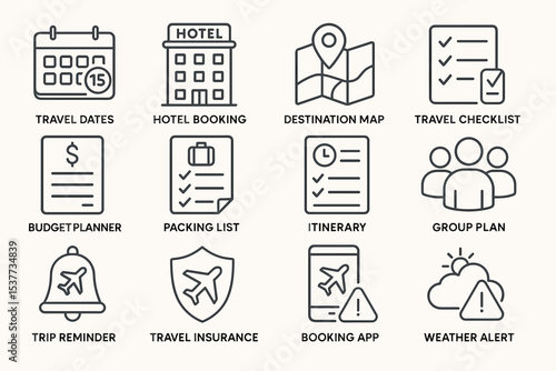 Travel planning icons: booking, maps, itinerary and budget tools