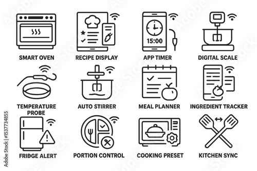 Smart kitchen icons: oven, recipe display, app timer, digital scale, temperature probe
