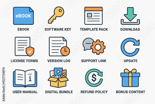 Digital assets and tools: ebook, software key, and more icons set