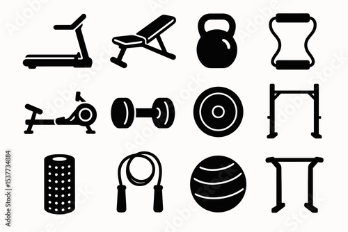 Collection of black fitness equipment icons including treadmill and dumbbell