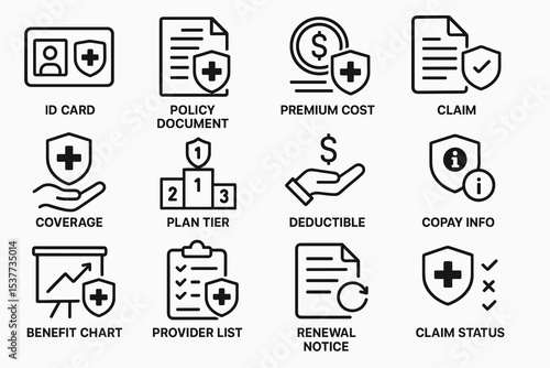 Healthcare icons set: id, policy, cost, claims, coverage, tiers, deductions