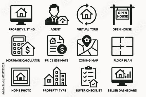 Real estate icons set featuring property listing, agent, virtual tour, and more