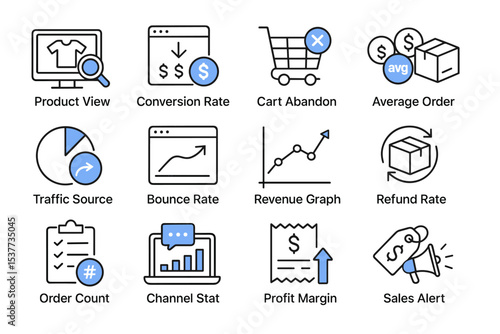 E-commerce analytics icons: revenue, traffic, orders, and more