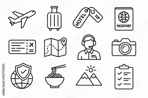 Travel icons: airplane, suitcase, hotel, passport, tickets, map, support, camera, security, noodles, mountains, checklist