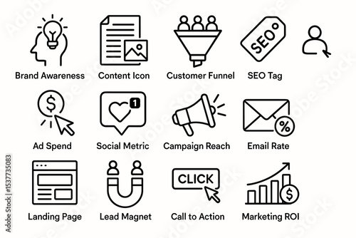 Marketing icons: brand awareness, funnel, seo, social engagement, roi