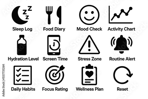 Icons representing daily wellness journal activities and habits