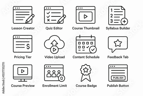 Education management icons: lesson, quiz, course, syllabus, feedback