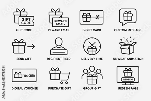 Gift code icons: e-gift card, reward email, delivery time, redeem page