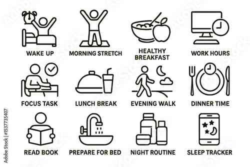 Daily routine icons: balanced schedule for health and productivity