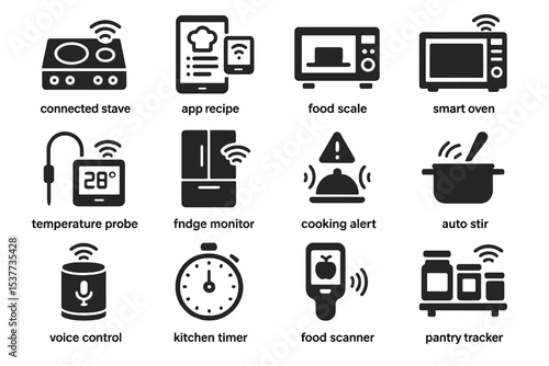 Connected smart kitchen gadgets with icons for modern cooking technology