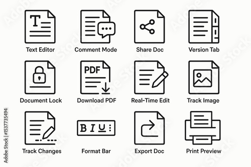 Document management icons: editor, pdf, sharing, editing, printing