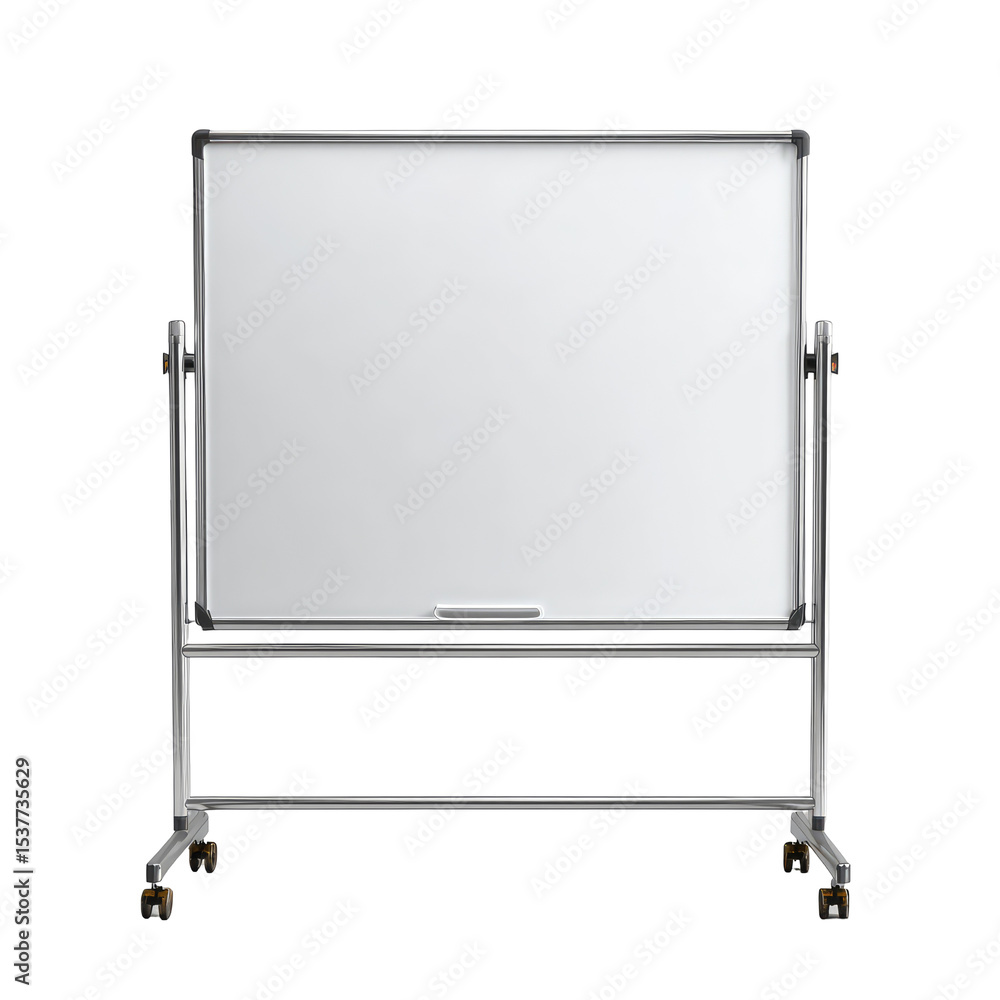 A blank white whiteboard stands on a metal stand against transparent background
A blank white whiteboard stands on a metal stand against transparent background