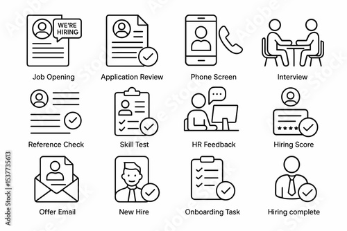 Icon set depicting hiring process steps for job recruitment and employee onboarding