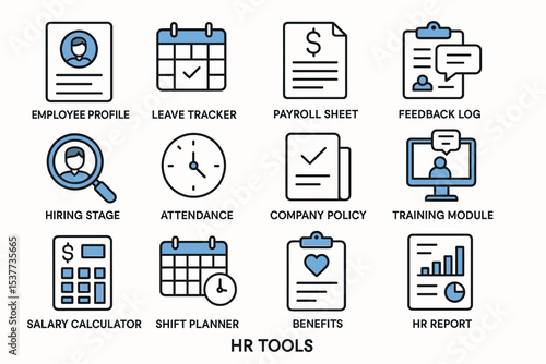 Hr tools icons: employee management and payroll essentials