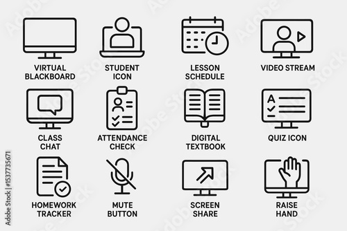 Online education icons set: virtual blackboard, student, lesson schedule, video stream, class tools