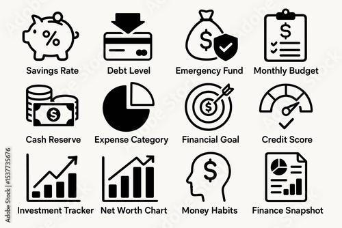 Financial planning icons: budget, savings, investment, and debt management