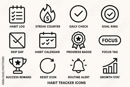 Habit tracker icons: log, streak, check, calendar, reward, alert, growth