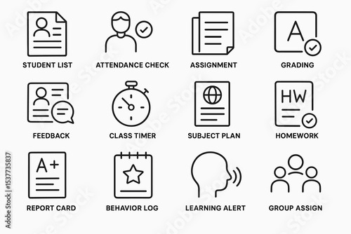 Education icons set: student list, attendance, grading, and more