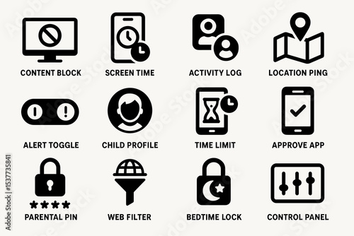 Parental control icons: content block, activity log, location ping, app approval