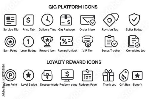 Gig platform and loyalty reward icons set with various symbols
