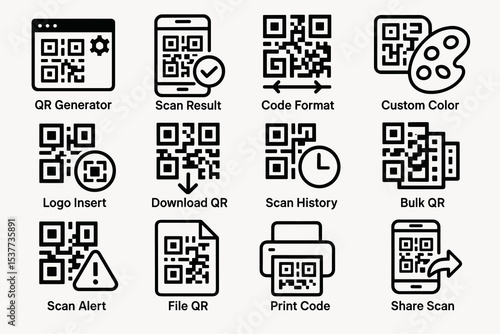 Qr code tools and features icons: scan result, download, print, customization options