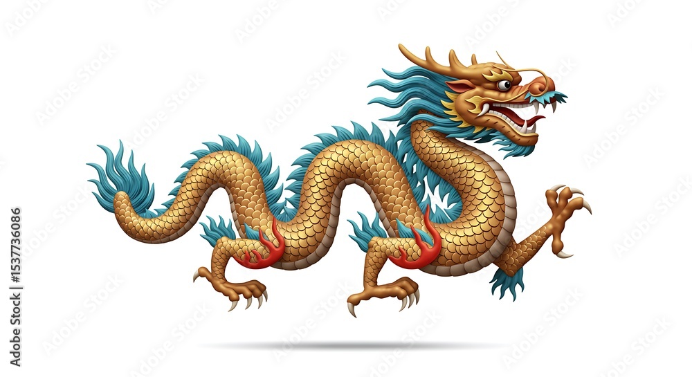 Obraz premium Majestic Golden Dragon Illustration on White Background