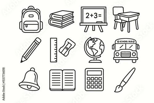 Essential school supplies icons: backpack and bus to books and blackboard