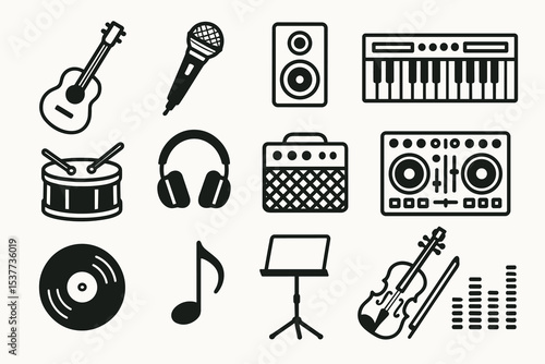 Musical instruments and audio equipment icons collection