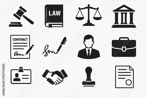 Legal icons collection: gavel, scales of justice, law book, contract, briefcase, id badge