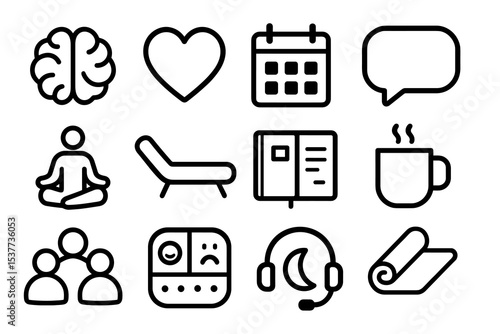 Wellbeing icons set: brain, heart, calendar, speech bubble, meditation, lounge, journal, coffee, group, mood tracker, headset, yoga mat