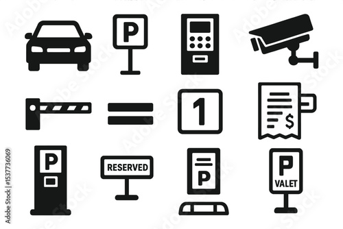 Parking symbols: vehicle, ticket, camera, reserved, valet, paid parking icons