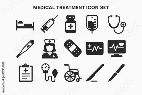 Essential medical treatment icons: hospital, nurse, and equipment graphics