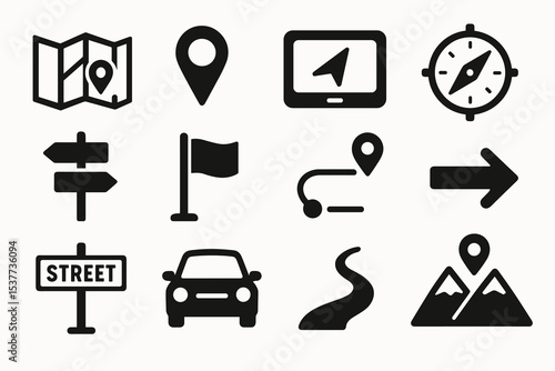 Navigation icons set: maps, compass, signposts and vehicles for directional guidance