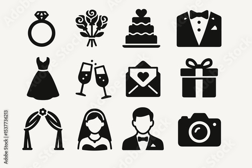 Wedding icons set featuring rings, cake, dress, suit, and more