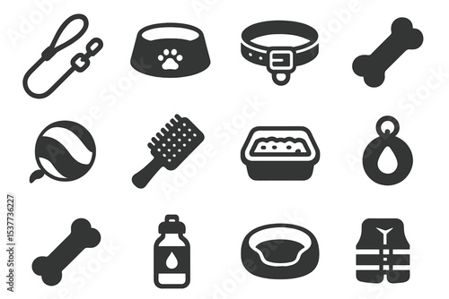 Silhouette icons of pet accessories on dark background