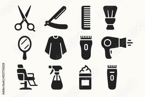 Barber shop tools icons: scissors, razor, comb, cape, clippers, hairdryer, chair