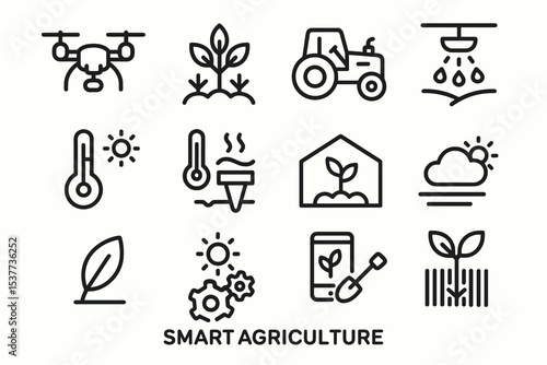 Smart agriculture icons: drone, tractor, sensor, plant, sun, greenhouse, irrigation