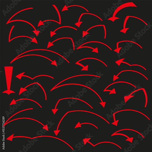 Red dynamic arrows. Directional motion pattern. Moving pointer elements. Vector abstract design.