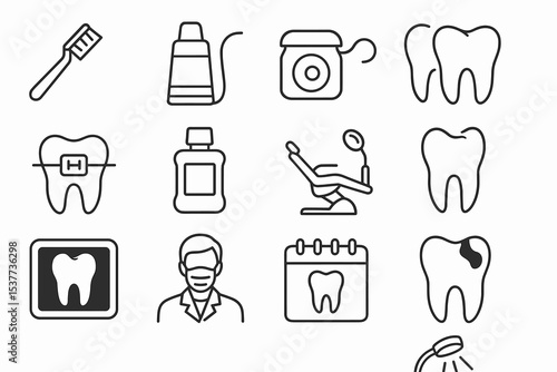 Dental care icons: toothbrush, toothpaste, floss, teeth, braces, mouthwash, chair, dentist, calendar