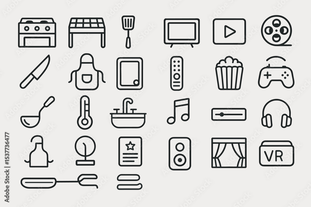 Minimalist kitchen and entertainment icons with appliances and gadgets Minimalist kitchen and entertainment icons with appliances and gadgets