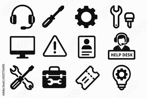 Tech support icons set: tools, headset, help desk, warning sign