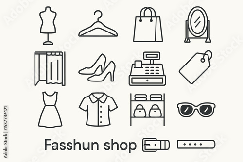 Fashion store icons: dress, shoes, mirror, and accessories line art