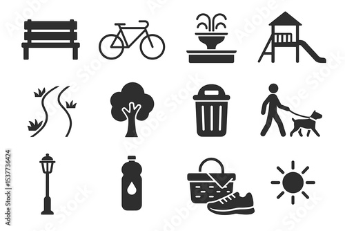 Park icon set: bench, bicycle, fountain, playground, pathway, tree, trash can, dog walker, streetlight, water bottle, picnic basket, sneakers, sun