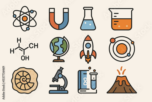 Science icons: experiments, chemistry, physics, and space exploration