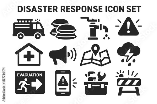 Disaster response icon set: emergency, safety, evacuation, alert, weather symbols